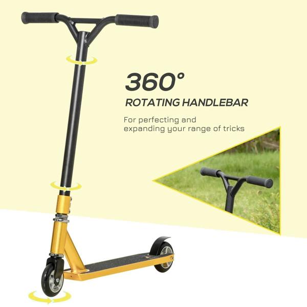 Gold deck and black stunt scooter showing rotating handlebars and front wheel