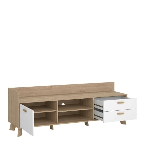 Wyld Haus Hobro White and Natural Oak Wood TV Unit with 1 Door 2 Drawers