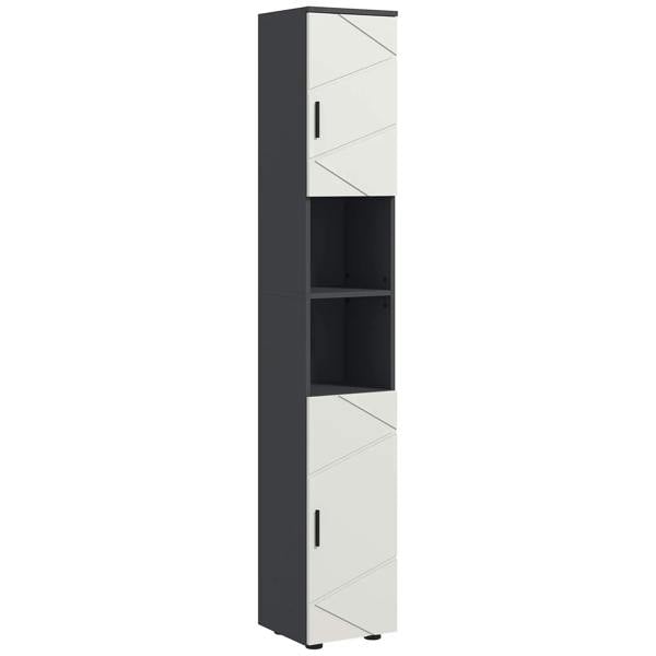 Tall bathroom storage cabinet with two-tone doors and open adjustable shelf area, light grey