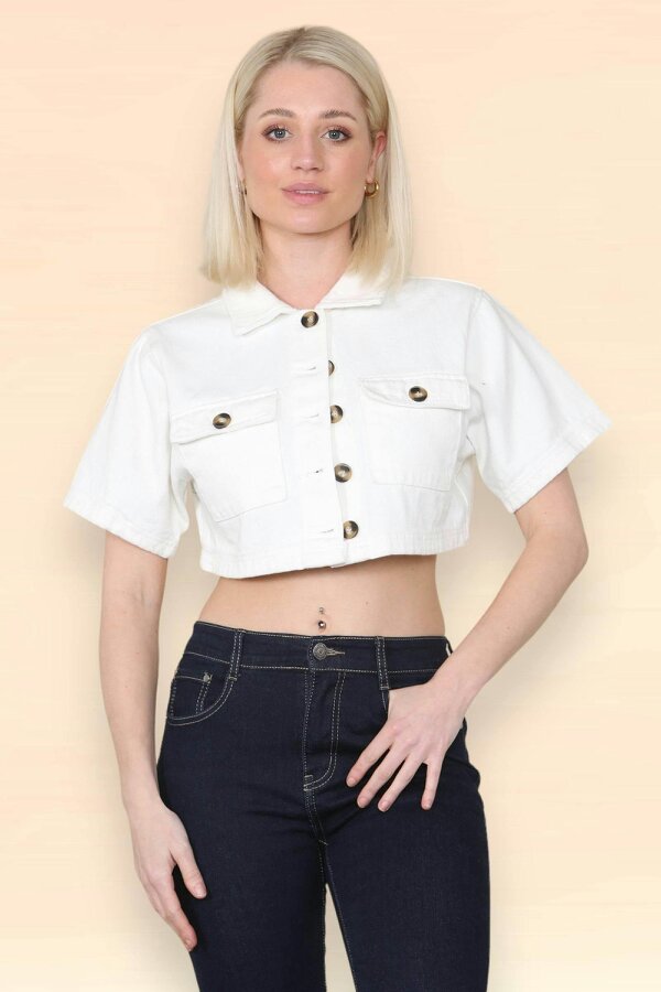 Elaina Fashion Women's White V-Neck Crop Top Big Button Down with Short Sleeves - Ladies Summer Solid Shirt Jacket Blouse for Beach Vacation Party - White - Polyester