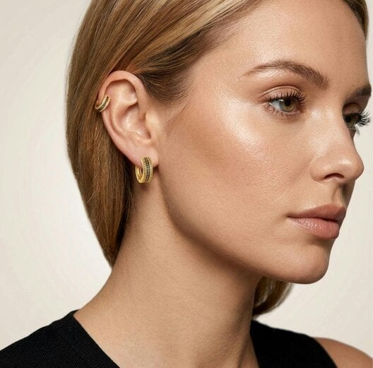 The Colourful Aura Gold Greek Key Crystal Huggie Hoop Earrings | 1cm Brass Hoops