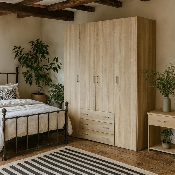 Wyld Haus Berlin Oak Effect Wardrobe 4 Doors 3 Drawers 4 Shelves