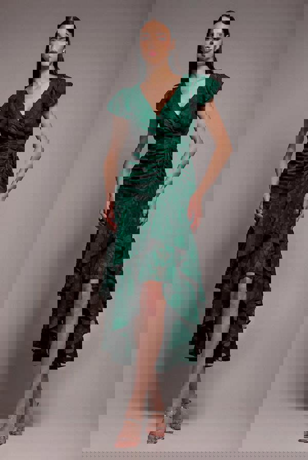 Jacquard Chiffon Wrap High Low Midaxi Dress - Emerald Green DR4552