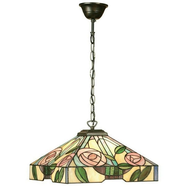 Tiffany Glass Hanging Ceiling Pendant Light Bronze & Square Rose Shade i00156 Loops