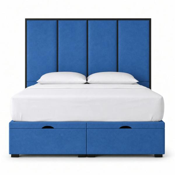 Great British Beds Emma Headboard with Contrast Border Divan Ottoman Bed - Blue Plush