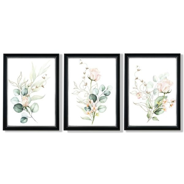 Pink Floral Roses Set of 3 Framed Art Prints with Vermeer Black and Silver Frames