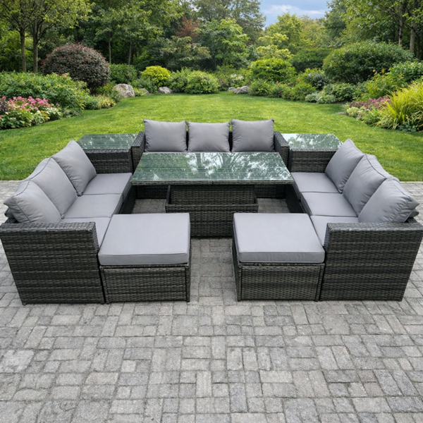 Fimous 11 Seater PE Rattan Outdoor Sofa Set with Rising Dining Table, 2 Side Tables, 2 Footstools - Dark Grey