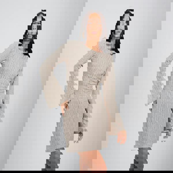 Brave Soul Taupe Long Sleeve Knitted Mesh Mini Dress - Taupe Image 1