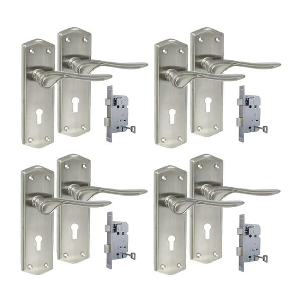 EDH Door Hardware Premium Satin Nickel Internal Lock Handles with Long Back Plate and 3 Lever Mortise Sash Lock - Stellar Design, 4 Pairs