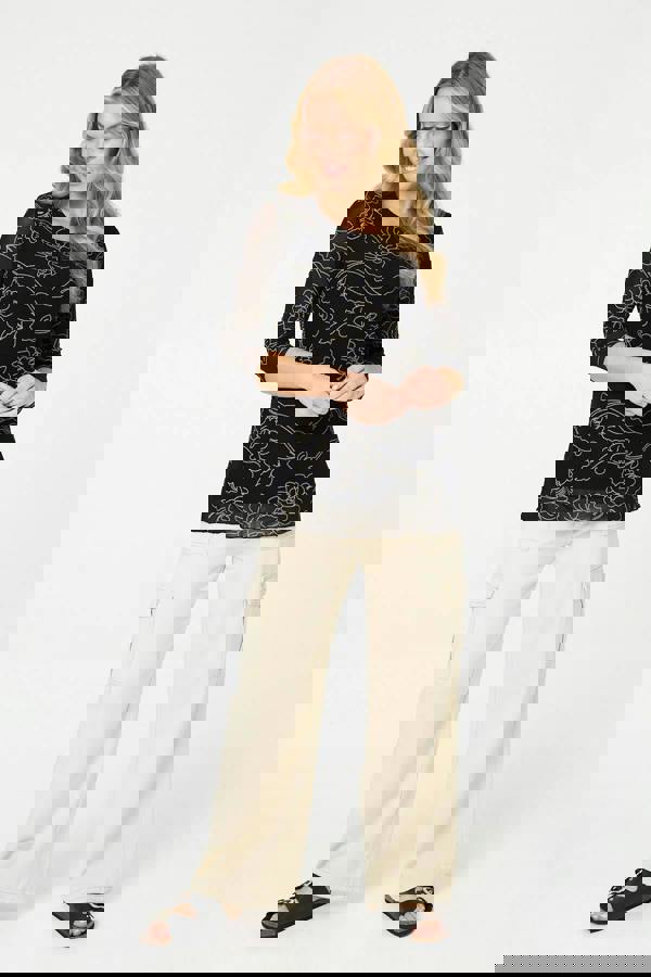 Black | Floral Print Semi Sheer Layered Top