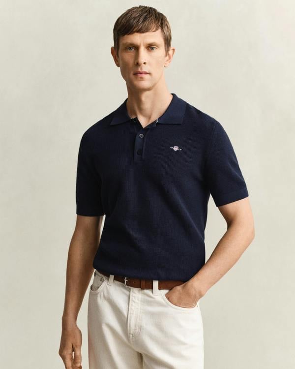 GANT Mens Micro Textured Cotton Short Sleeve Polo - 433 Evening Blue