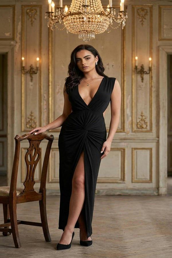 Julia Ruched Backless V Slit Women Bodycon Maxi Dress - Black