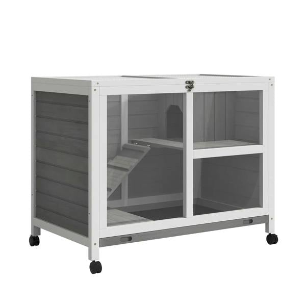 Grey wooden rabbit hutch with openable roof and two-tier interior, on caster wheels