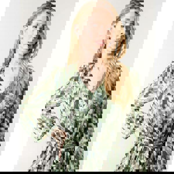 Blue Vanilla Metallic Zig Zag V Neck Belted Dress