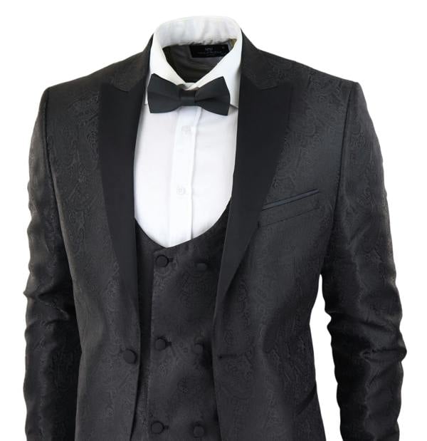 TruClothing Mens Black Tuxedo Blazer Waistcoat Brocade Satin Paisley Formal Dinner Jacket