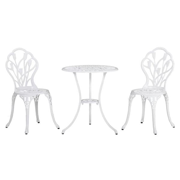 White 3-piece patio bistro set: round table and 2 matching ornate chairs