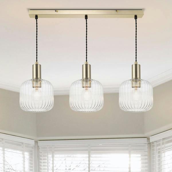 COSYLYTE Clayton 3 Light Ribbed Glass Bar Pendant Light - Brushed Brass