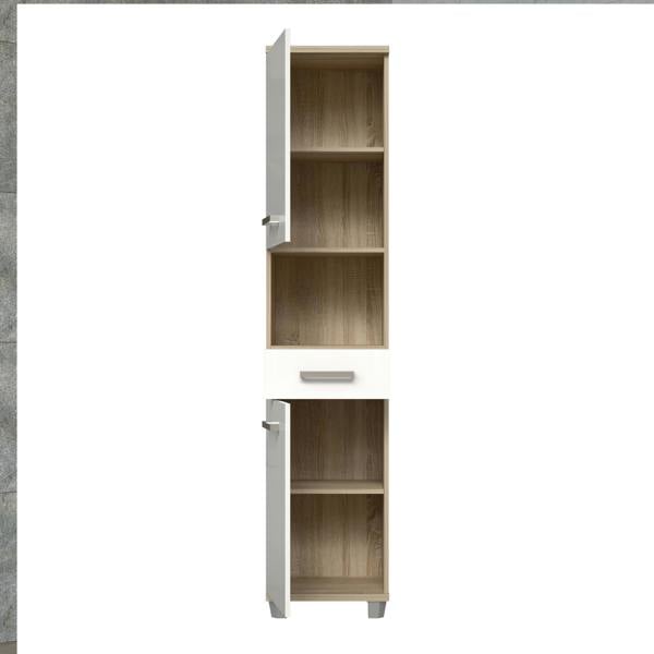 Furniture To Go Veris Tall Narrow Bathroom Cupboard with 2 Doors & 1 Drawer in Sonoma Oak and White High Gloss