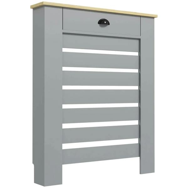 Grey radiator cover cabinet with drawer and open front grille panels
