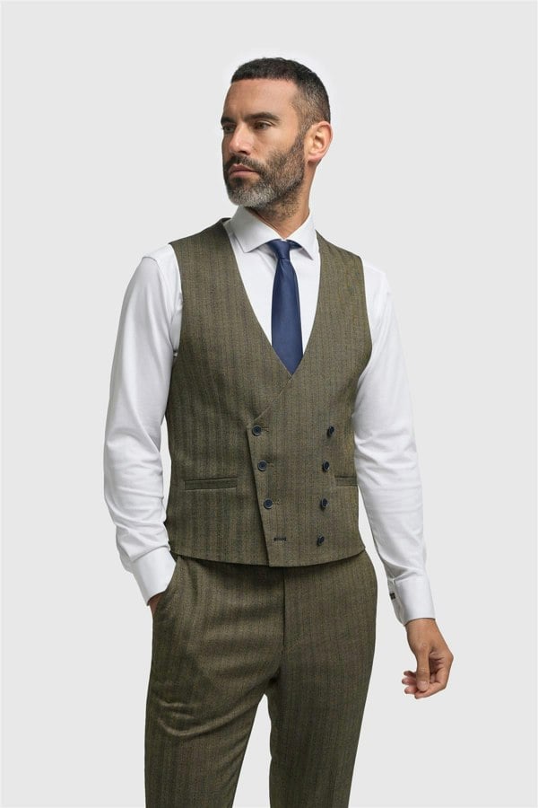 House Of Cavani Damon - Men's Olive Green Double Breasted Waistcoat
