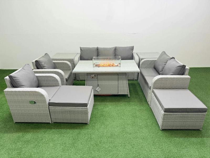 Fimous PE Rattan Garden Furniture Set, Reclining Sofa, Double Love Seat, 2 Seater Lounge, Firepit Table, 2 Big Footstool, 2 Side Table, Light Grey