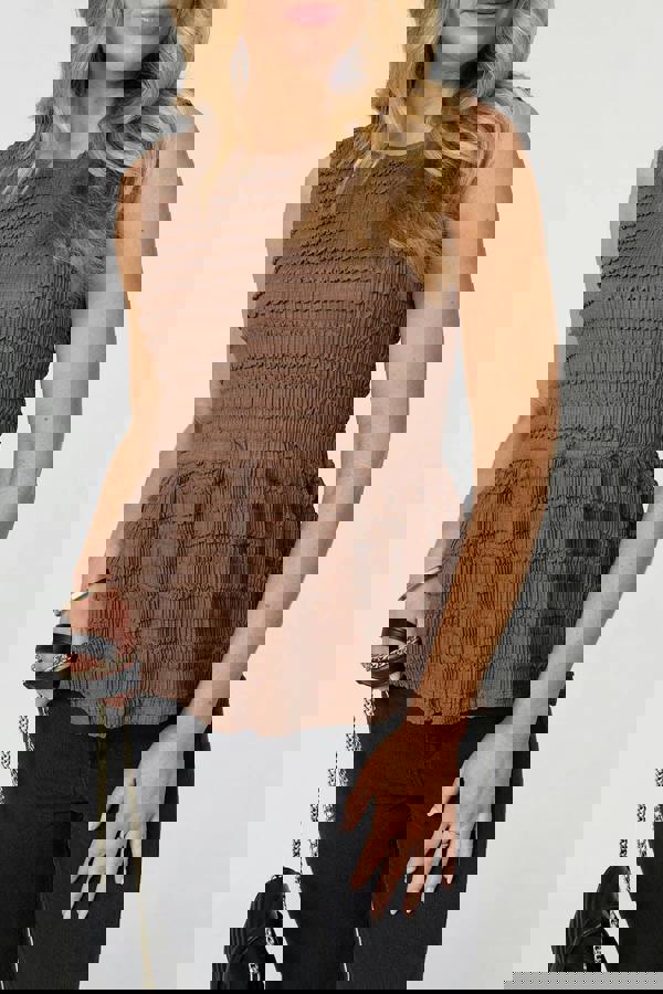 Brown | Ruffled Sleeveless Peplum Top