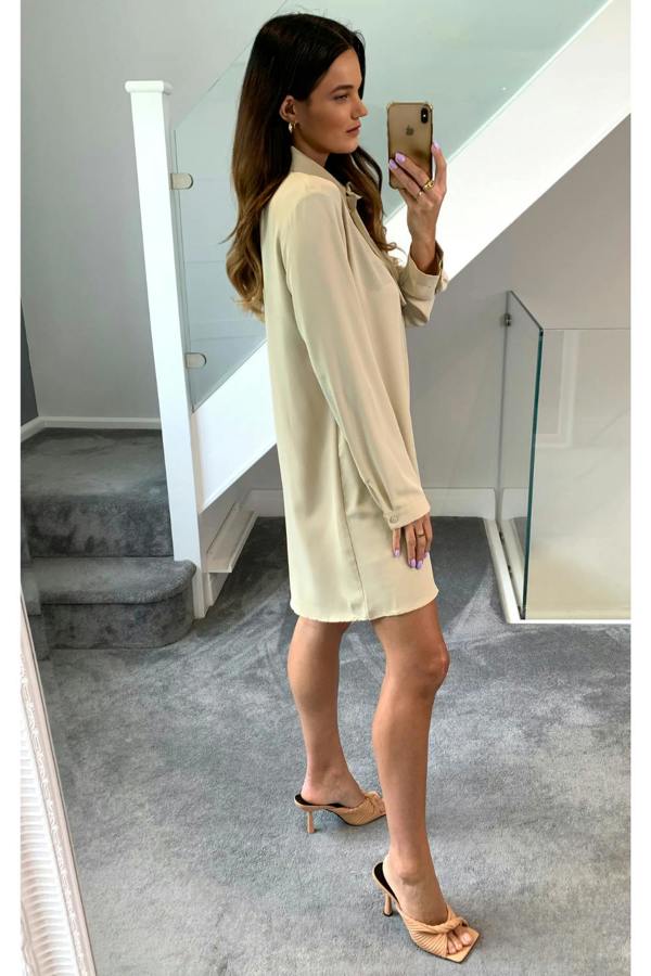 Hoxton Gal Oversized Tie Detailed Shirt Tunic with Long Sleeves in Beige