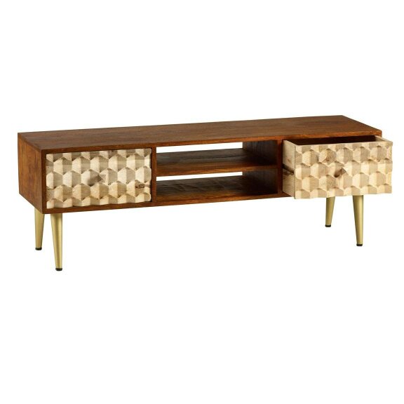 Wyld Haus Shenzhen Mango Wood TV Stand 2 Shelves 2 Drawers Gold Geometric Pattern