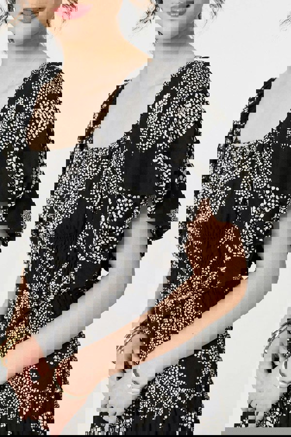 Black | Leaf Print Puff 1/2 Sleeve Midi Dress
