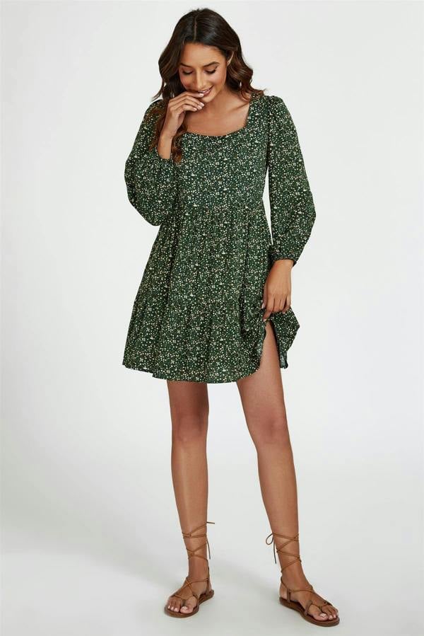 FS Collection Little Floral Print Square Neck Mini Dress In Olive Green