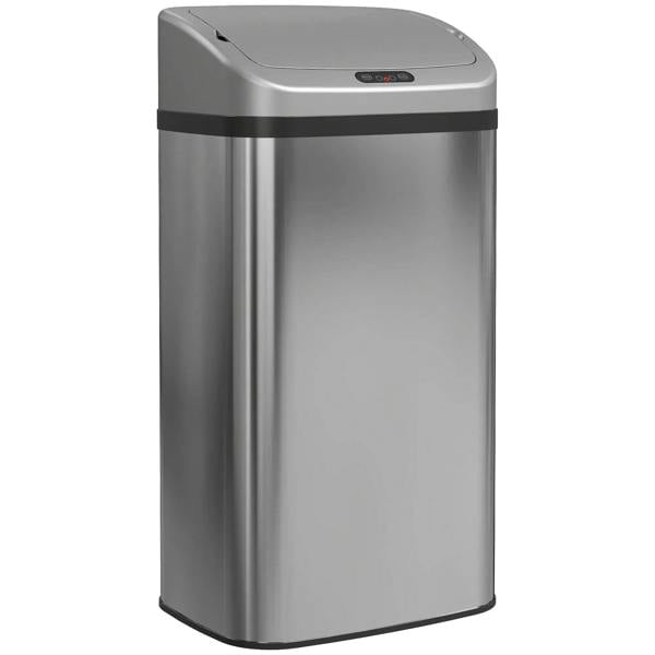 Silver-tone stainless steel sensor trash can with top control panel