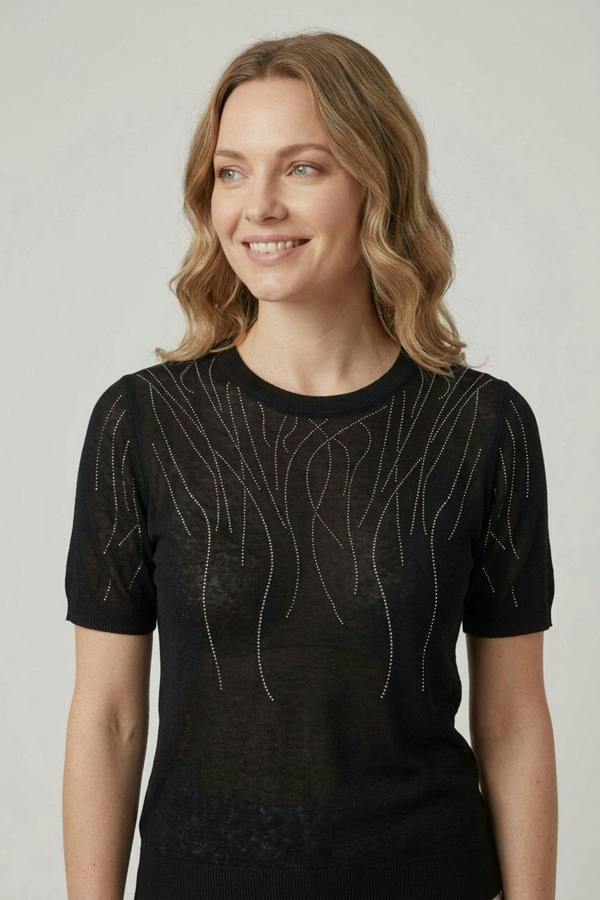 Black | Abstract Diamante Knit Short Sleeve Top