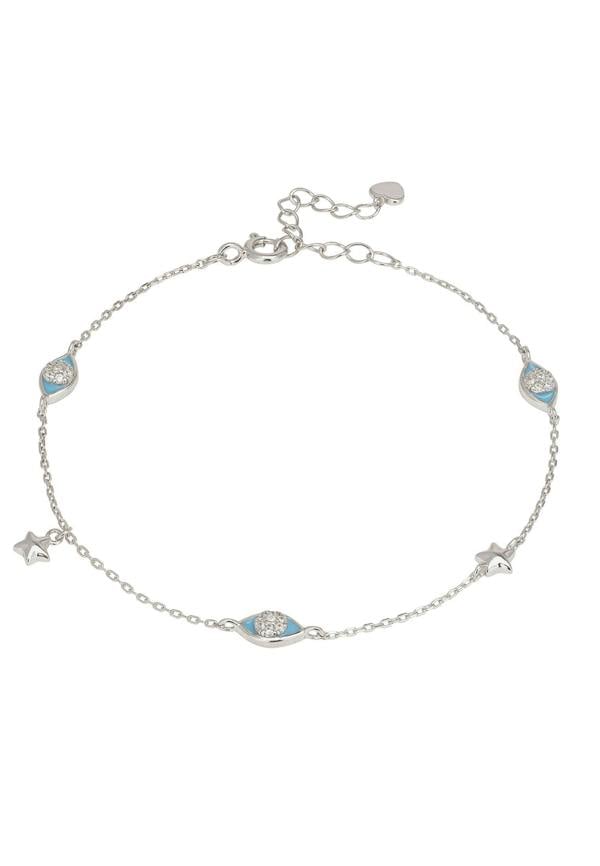 Silver bracelet with star and eye-shaped charms on a white background