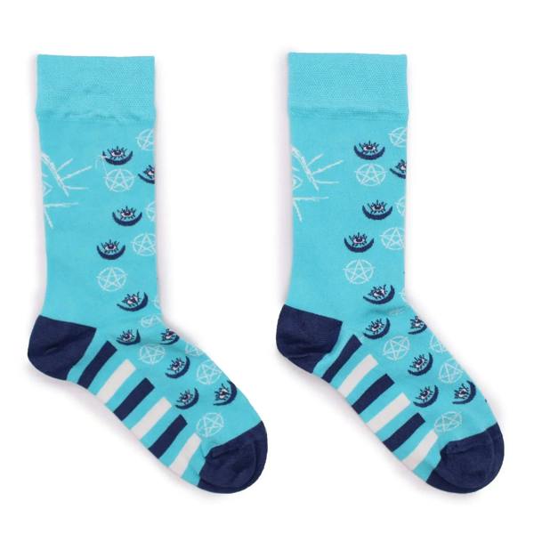 Turquoise crew socks with pentagram and evil eye prints, navy toe and heel stripes