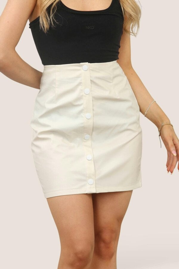 Cream PU Button-Up Mini Skirt – Stylish Faux Leather Look for Petite - Cream