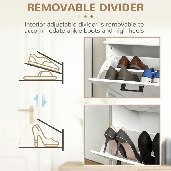 White shoe cabinet with removable divider inside flip drawers for high heels
