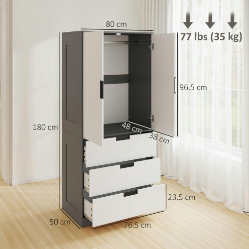 Wyld Haus Corario Wooden Grey and White 2 Door Wardrobe With 3 Drawers And Hanging Rod