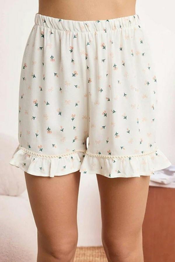 WOVCOR Floral Print Frill Detail Cami Strap Viscose Pyjama Set