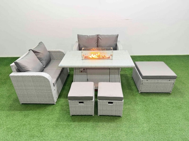 Fimous 7 Seater Outdoor Love Sofa Set Rattan Garden Furniture Set with Fire Pit Dining Table 3 Footstool Light Grey