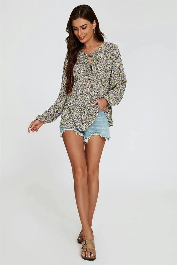 FS Collection Floral Print long sleeve Blouse Top In Purple