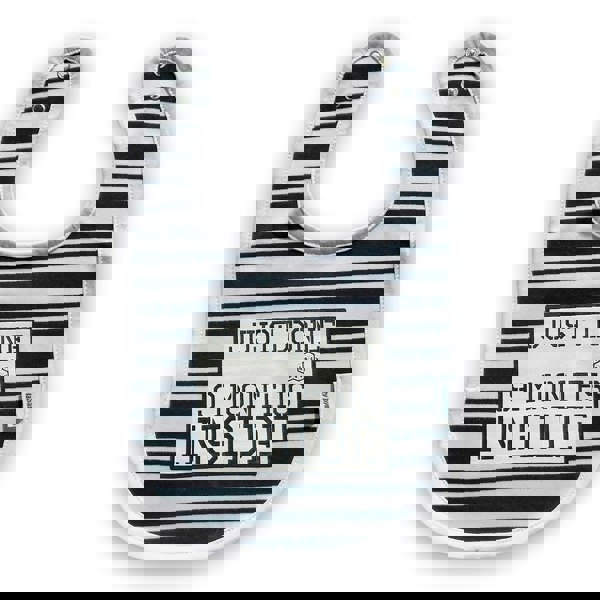 Just Done 9 Months Inside® slogan baby bib black and white stripes