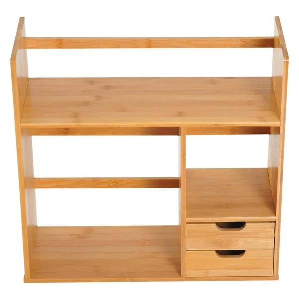 Bamboo desk organizer with open cubbies and two drawer storage