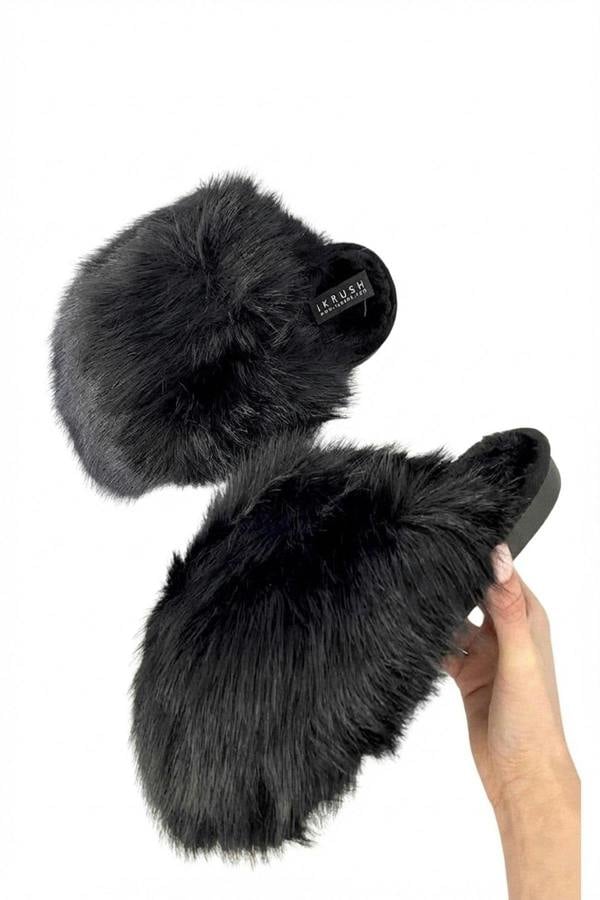 Nadia Fluffy Faux Fur Slippers - Black_wb