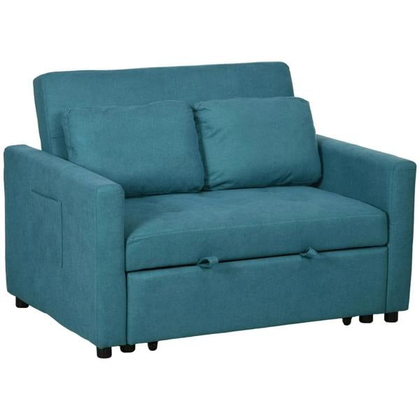 Blue loveseat sofa bed with two back cushions and padded armrests