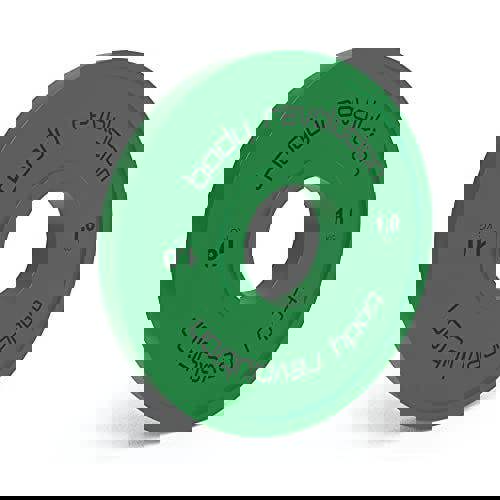 Bright green 1.0 kg fractional bumper plate with a smooth texture, featuring a central hole for easy barbell attachment and clear branding