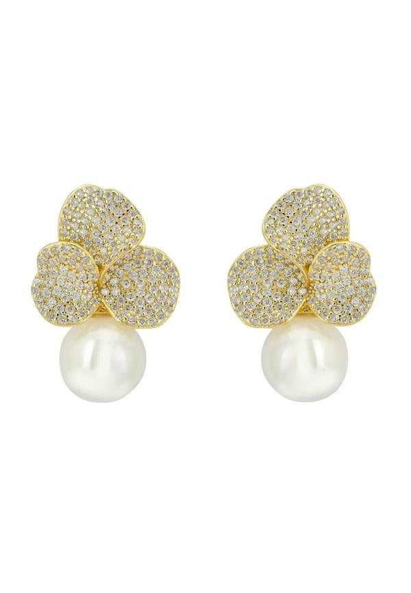 Latelita Iris Flower And Pearl Dangle Earrings Gold