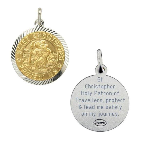 Christopher James of London Sterling Silver and Gold Plated 18mm Diamond Cut St Christopher Pendant With Travellers Prayer & Optional Chain