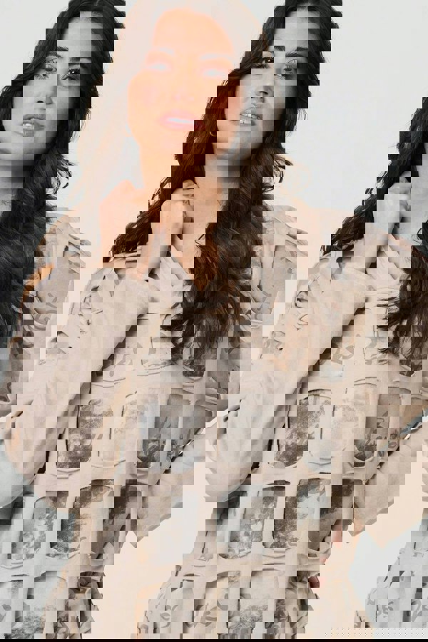 Beige | Graphic Print Cut Out Layer Hoodie
