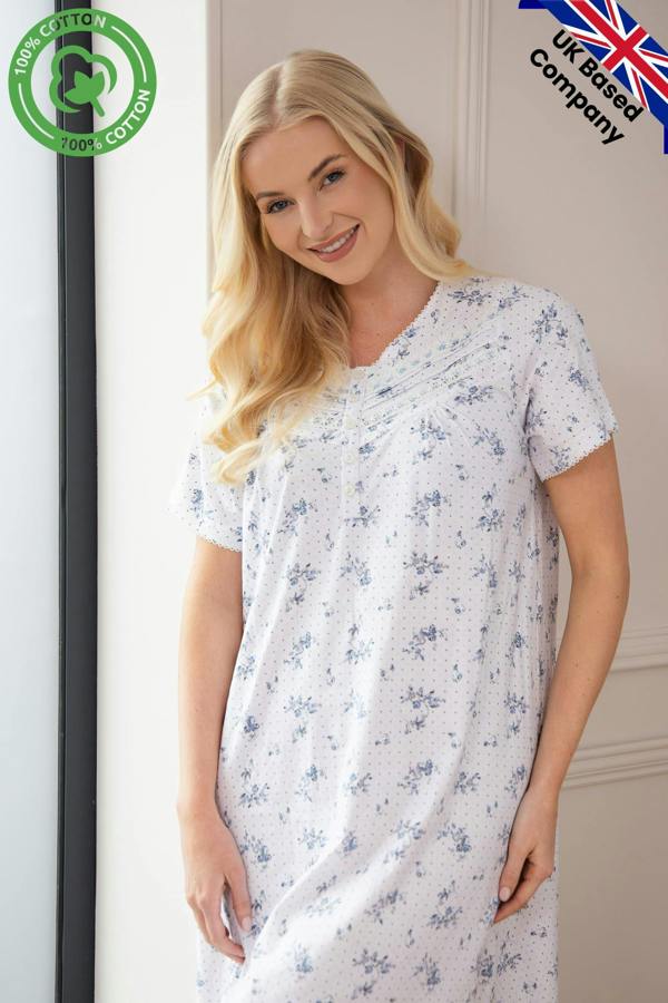 Camille Womens 100% Cotton Luxury Porcelain Floral Short Sleeve Nightdress 