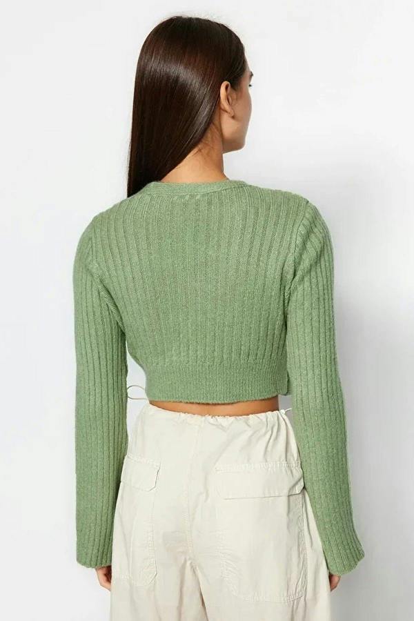 WOVCOR Crop Soft Textured Double Breasted Knit Sweater